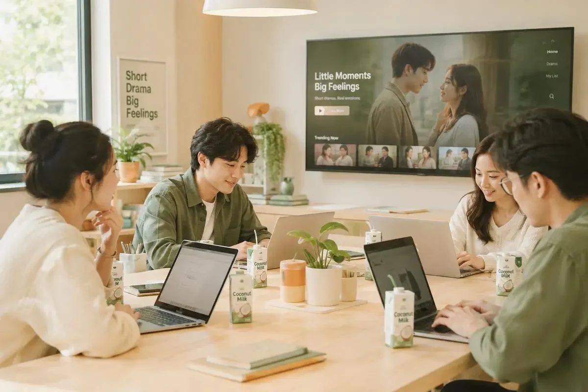 AI漫剧黄剧内容团队的工作场景，清爽自然的办公桌面